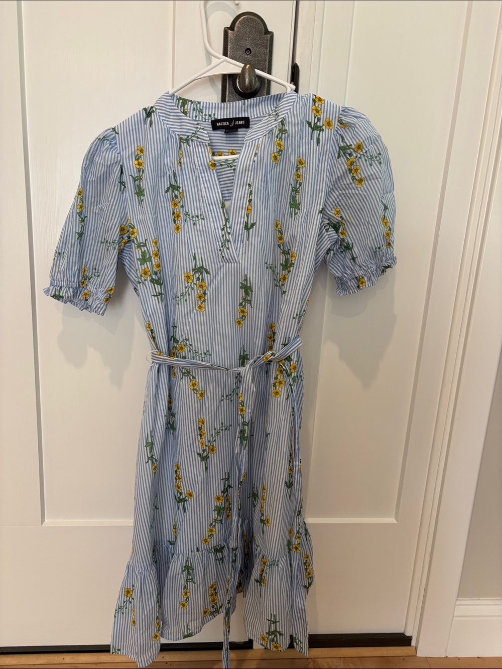 Nautica Blue & White Striped Midi Dress with Yellow Floral Accents